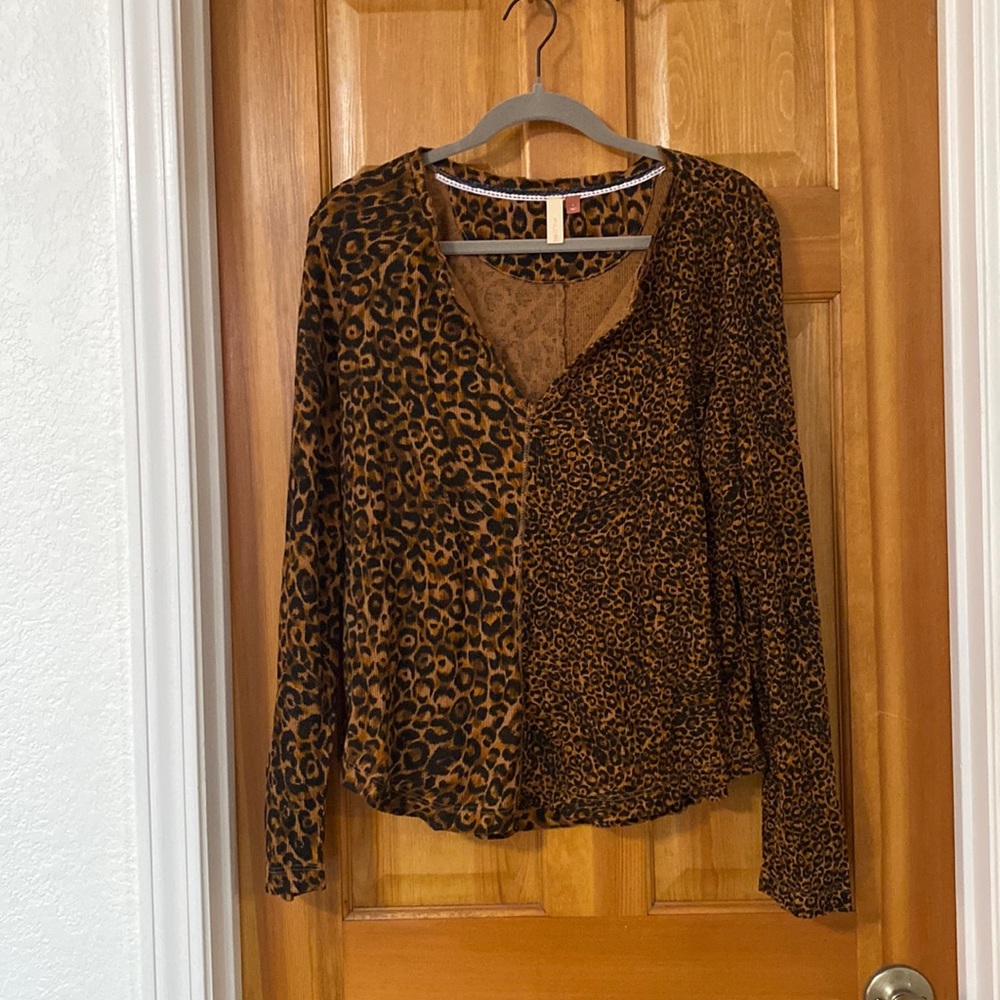 Anthropologie Pilcro Animal Print Split Neck Thermal Top